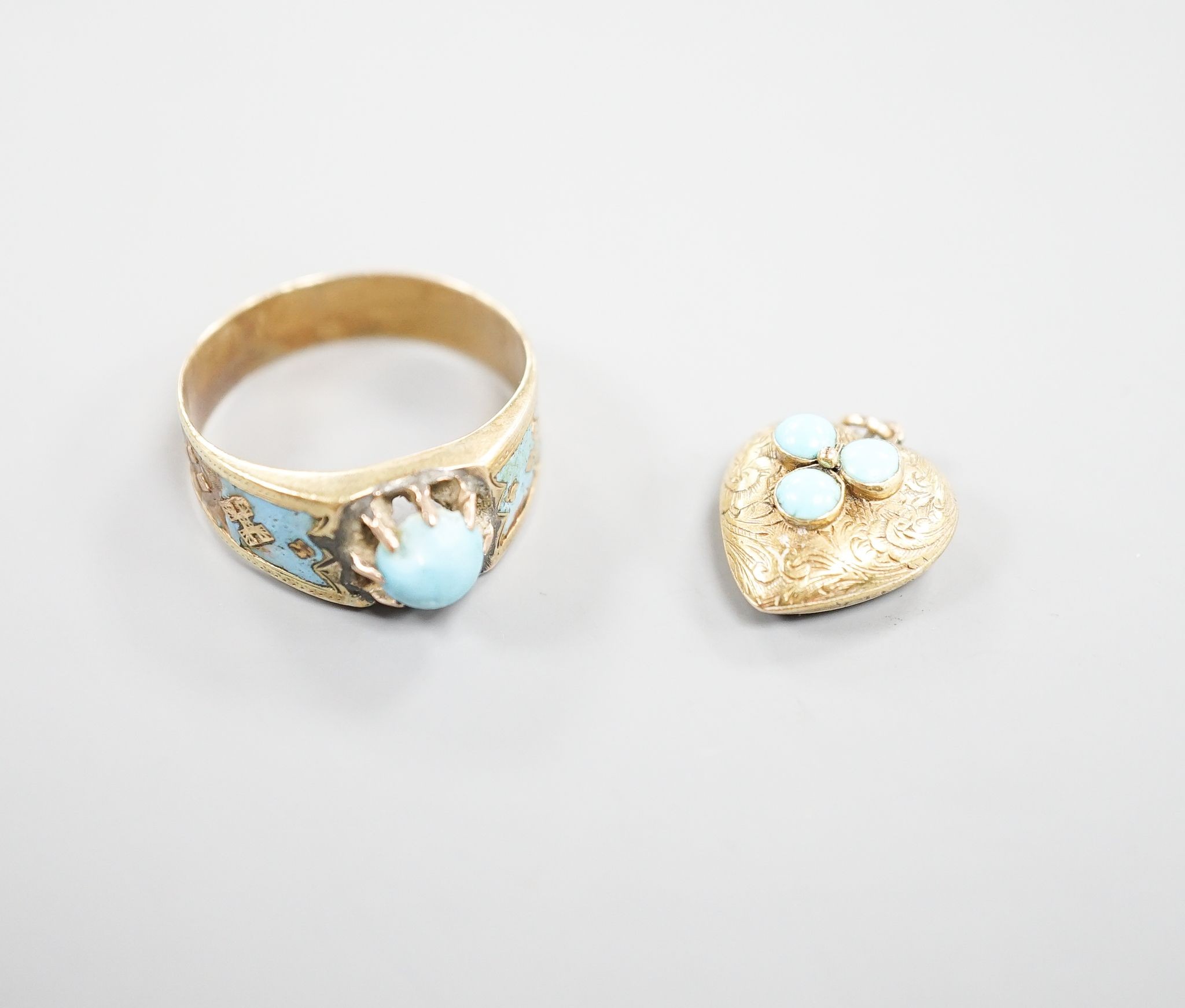 An antique yellow metal, turquoise and enamel set ring, size U/V, and a Victorian yellow metal and turquoise pendant, gross weight 6.3 grams.